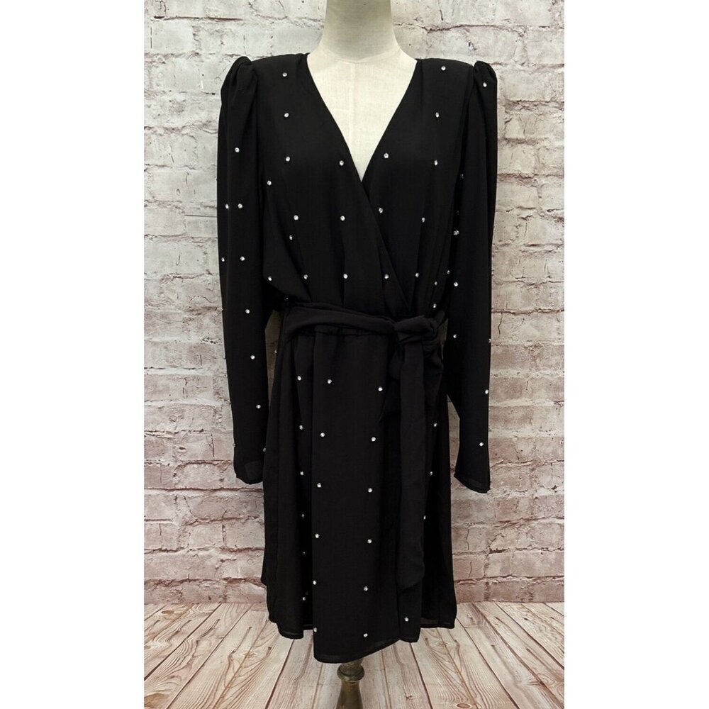CITY CHIC Black Tie Waist Dress M/18 Sheath Surplice Knee Length Rhinestone NEW
